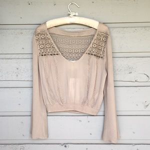 NWT BOHO BLOUSY TOP COCOA BEIGE DELICATE CROCHET LACE INSET WITH FLAIR SLEEVES